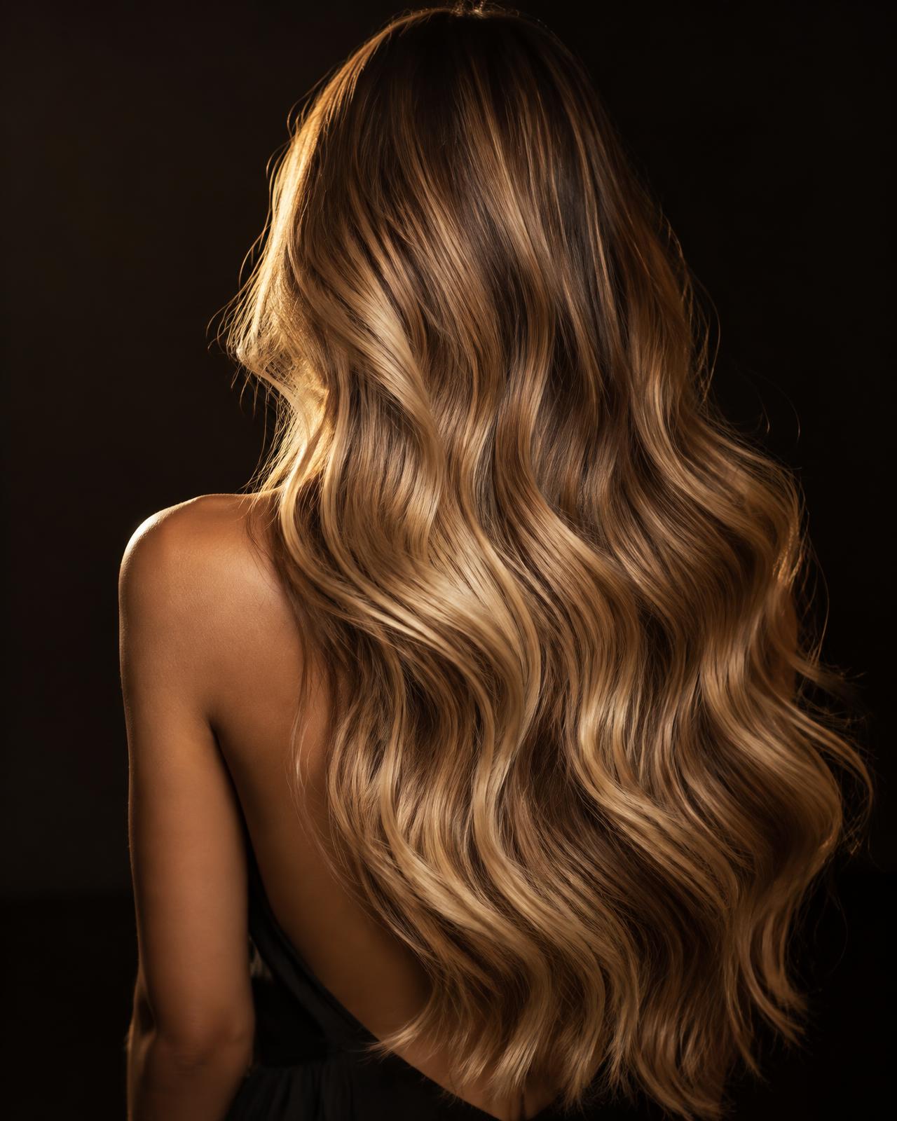 Lange, glänzende Haare mit mehrdimensionalem Balayage in Honig- und Karamelltönen